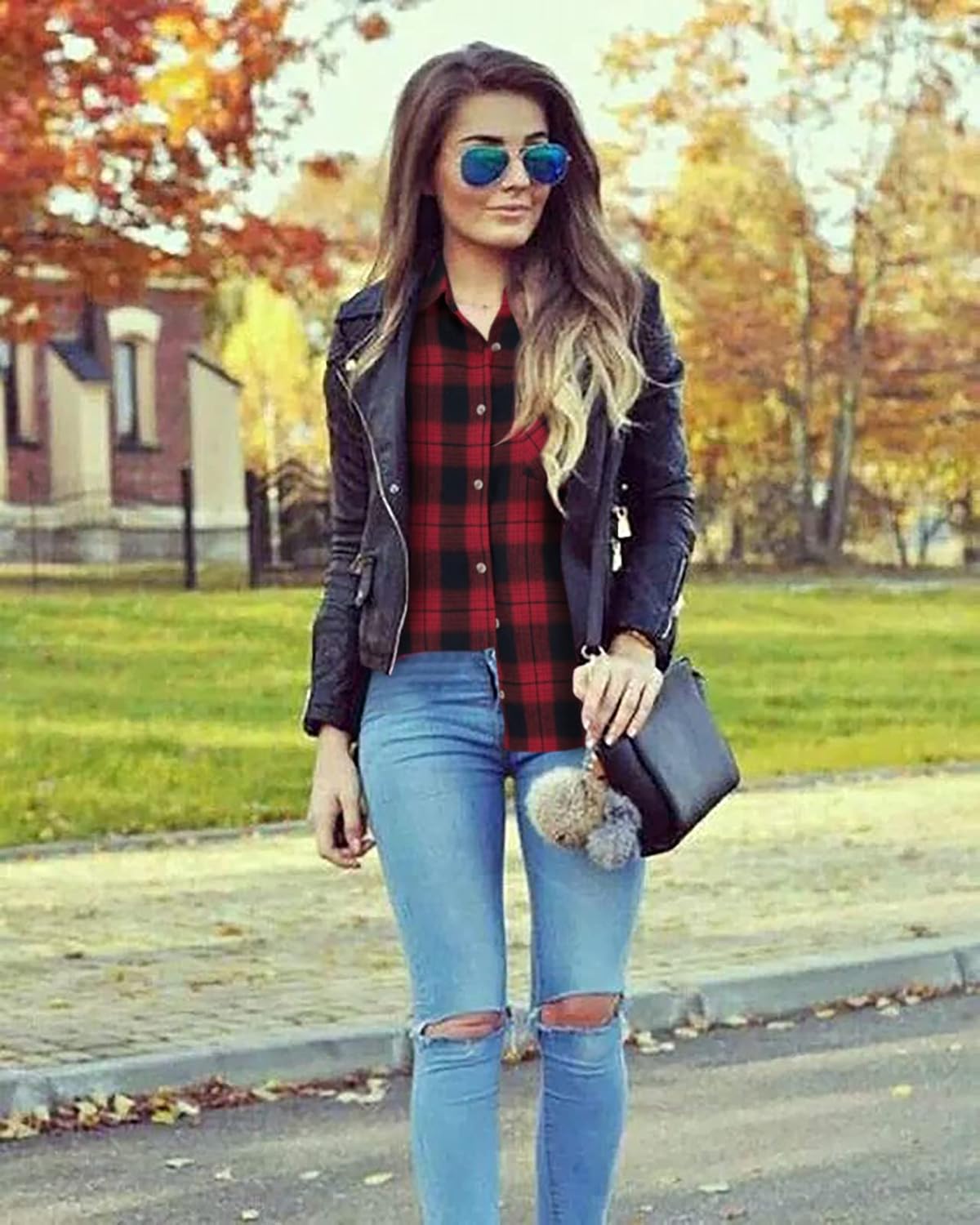 Wenrine Womens Long Sleeve Button Down Shirt Casual Plaid Flannel Shirt Collared Blouse Tops - Image 5