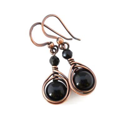 Handcrafted Solid Copper Earrings with Black Onyx Gemstone (Antiqued Copper, 1" drop)
