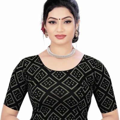 Elbow Sleeve Stretchable Saree Sari Readymade Jacquard Lycra Bandhni Stitched Blouse for Women
