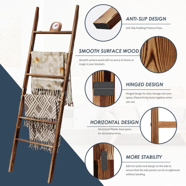 6-Tier Blanket Ladder Wooden, 5.7FT(66.5'') Blanket Quilt Towel Holder Rack Decorative Ladder, Easy Assembly, Rustic Farmhouse Ladder Shelf for The Living Room Bedroom Bathroom Home Decor, Brown - Image 3