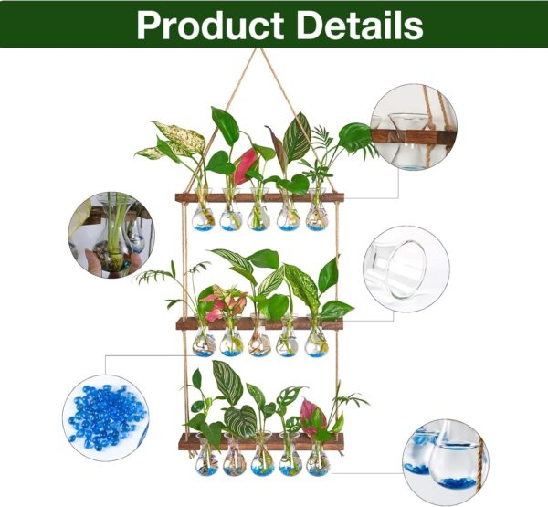 XXXFLOWER Wall Hanging Propagation Station with Wooden Stand 5 Bulb Vase 3 Tiered Planters Wall Terrarium for Home Office Plant Hanger Flower Vases Wall Decor(Brown) - Image 3