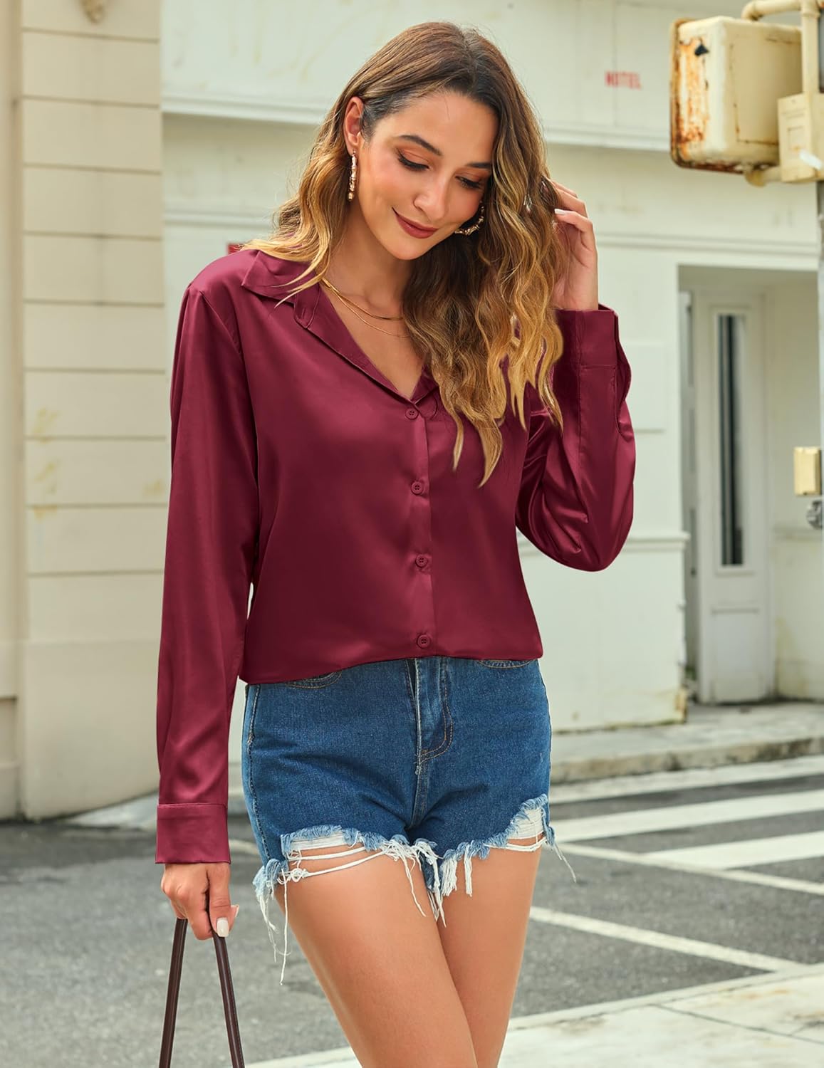 HOTOUCH Women's Satin Silk Shirts Button Down V Neck Dressy Casual Blouse Loose Long Sleeve Office Work Tunic Tops - Image 4