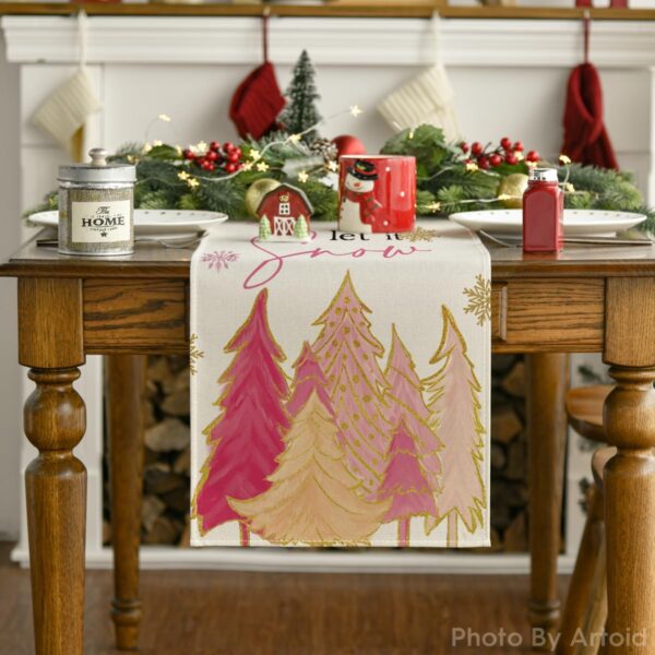 Artoid Mode Pink Christmas Tree Let It Snow Snowflake Table Runner, Seasonal Winter Kitchen Dining Table Decoration for Home Party Outdoor 13x72 Inch - Image 7