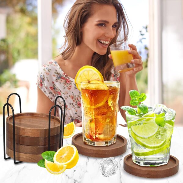 6 Pcs Best Wooden Coasters with Holder Coffee Table Coasters for Drink Acacia Wood Coaster Set Modern Cup Coasters Home Dining Table Decor Cute Beer Bar Coasters Decorative Rustic Outdoor Coasters - Image 2