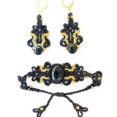 Black Agat Adjustable Macrame Bracelet and Earrings, Healing Chakra Birthday Stone Bracelet and Earrings, Boho Jewelry, Perfect Gift for any Occasion, Christmas New Year 2024 Jewelry