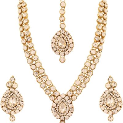 I Jewels Indian Bollywood Gold PlatedJewellery Set with Maang Tikka for Women IJ244W (White)