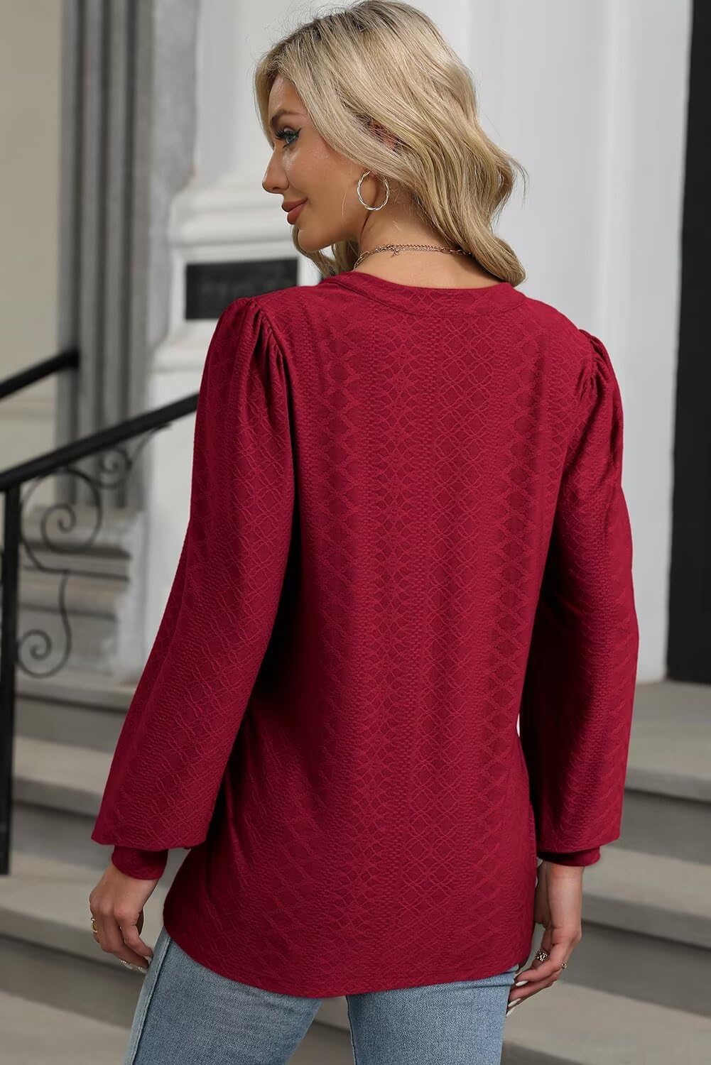 Dokotoo Womens Spring Fashion 2025 Long Sleeve Tops Dressy Casual Blouses Trendy V Neck Puff Sleeve Shirts Business Outfits - Image 3