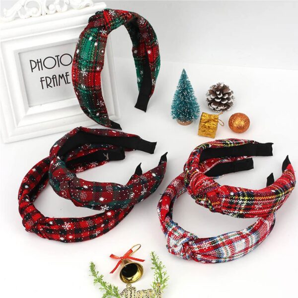 2PCs Christmas Wide Knotted Plaid Headbands Fashion Vintage Turban Hair Band Retro Criss Cross Christmas St. Patrick's Day Headband for Women Girl Xmas Hair Accessories (Red + Green 1) - Image 3