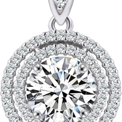 Moissanite Diamond Pendant Necklace for Women, 1-2CT Halo Round Heart Moissanite Diamond Necklace, 18+2 Inches Sterling Silver Lab Grown Diamond Necklace, Anniversary Birthday Jewelry Gifts for Women