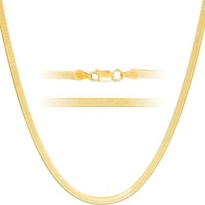 KISPER Solid 925 Sterling Silver 24k Gold Plated Herringbone Necklace for Women & Men, Italian Diamond-Cut 3mm Snake Chain Necklace, Made in Italy, 16-30 Inches