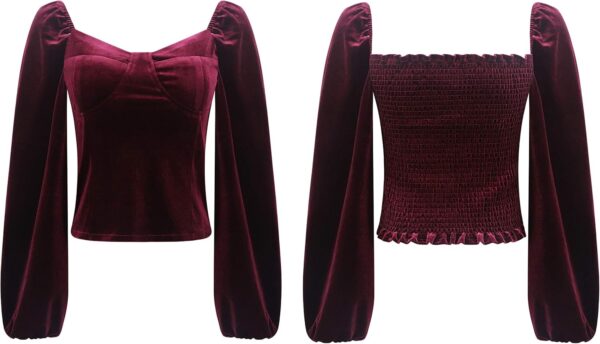 R.Vivimos Women's Fall Velvet Long Sleeves Square Neckline Casual Vintage Crop Tops Blouse - Image 5