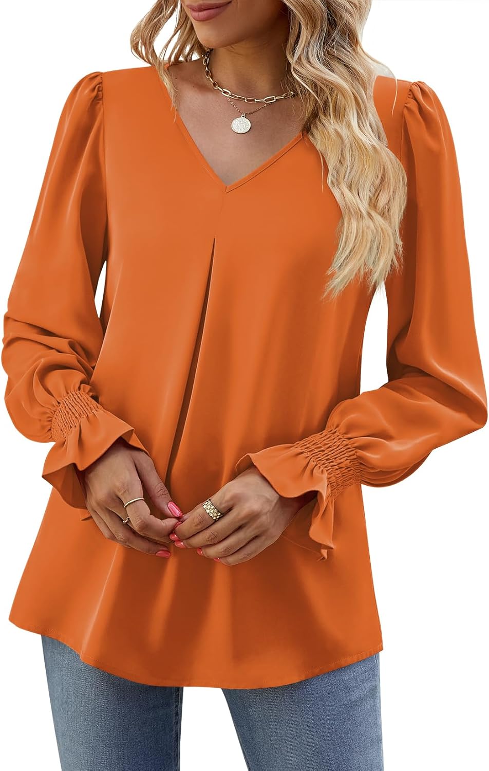 Funlingo Women's 2024 Long Sleeve Tops Dressy Casual V Neck Tunic Shirts Loose Chiffon Work Blouse - Image 4