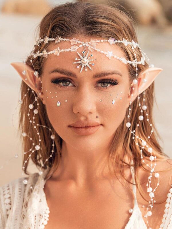 Aukmla Star Boho Head Chain with Fairy Elf Ear Pearl Tassel Headpiece Hair Chains Jewelry Halloween Costume Festival Headband Hair Accessories for Women and Girls