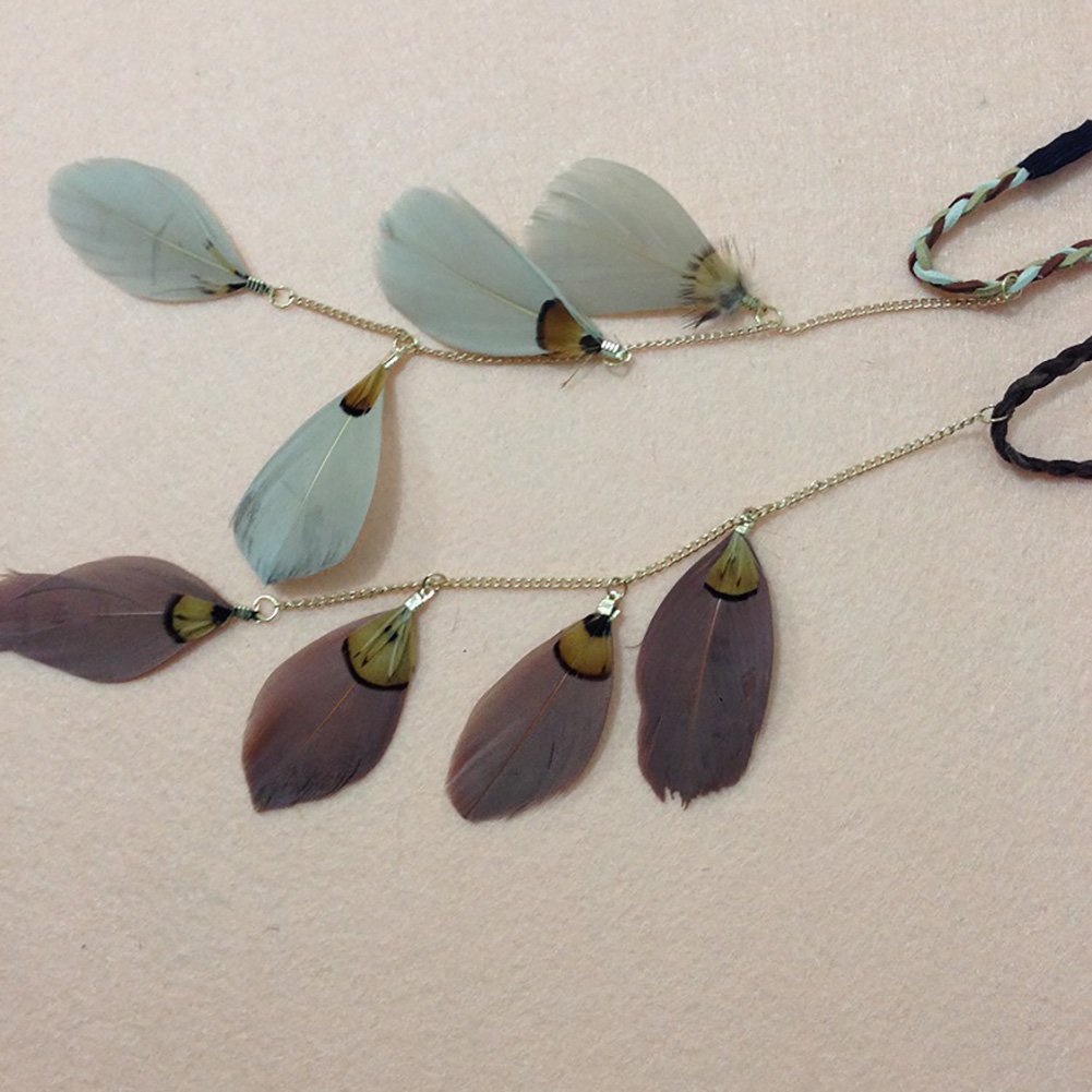 Fodattm Women Lady Bohemian Tassels Hairband Headwear Hippie Feather Headband Hair Hoop Handmade Indian Fascinator Headband Hair Bands Headdress Hair Accessories (khaki) - Image 4