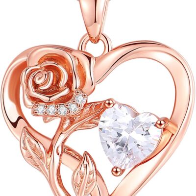 Infinity Rose Flower Heart Necklaces for Women 925 Sterling Silver Anniversary Jewelry for Her Love Gifts for Wife Sister Grandma Mom Mothers Day Valentines Birthday Christmas Rose Gold Birthstone