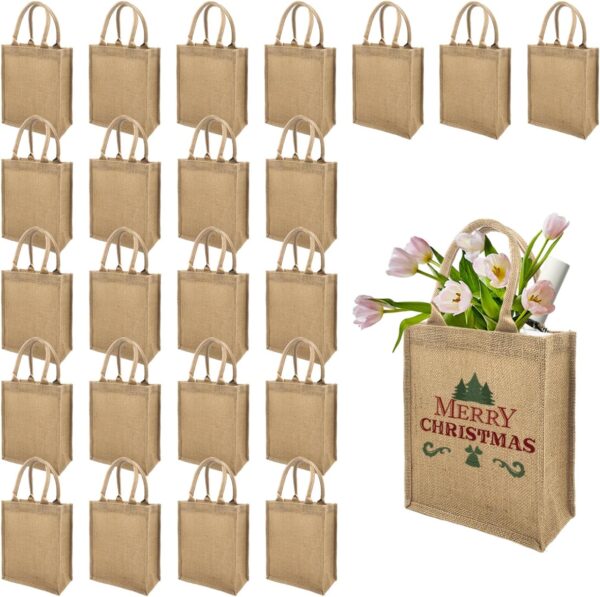 WHEATHUSK 24 Pack Burlap Tote Gift Bags Jute Bags with Handles Bridesmaid Tote Bag Reusable Canvas Burlap Beach Bags Bulk for Wedding Travel DIY Craft Handbags, 11 x 9.6 x 4.7 Inch