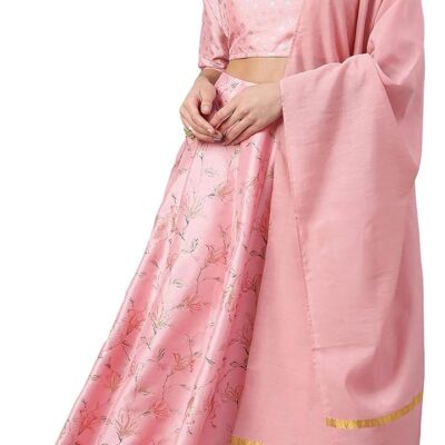 Janasya Indian Women's Pink Poly Silk Gold Print Lehenga Choli With Dupatta