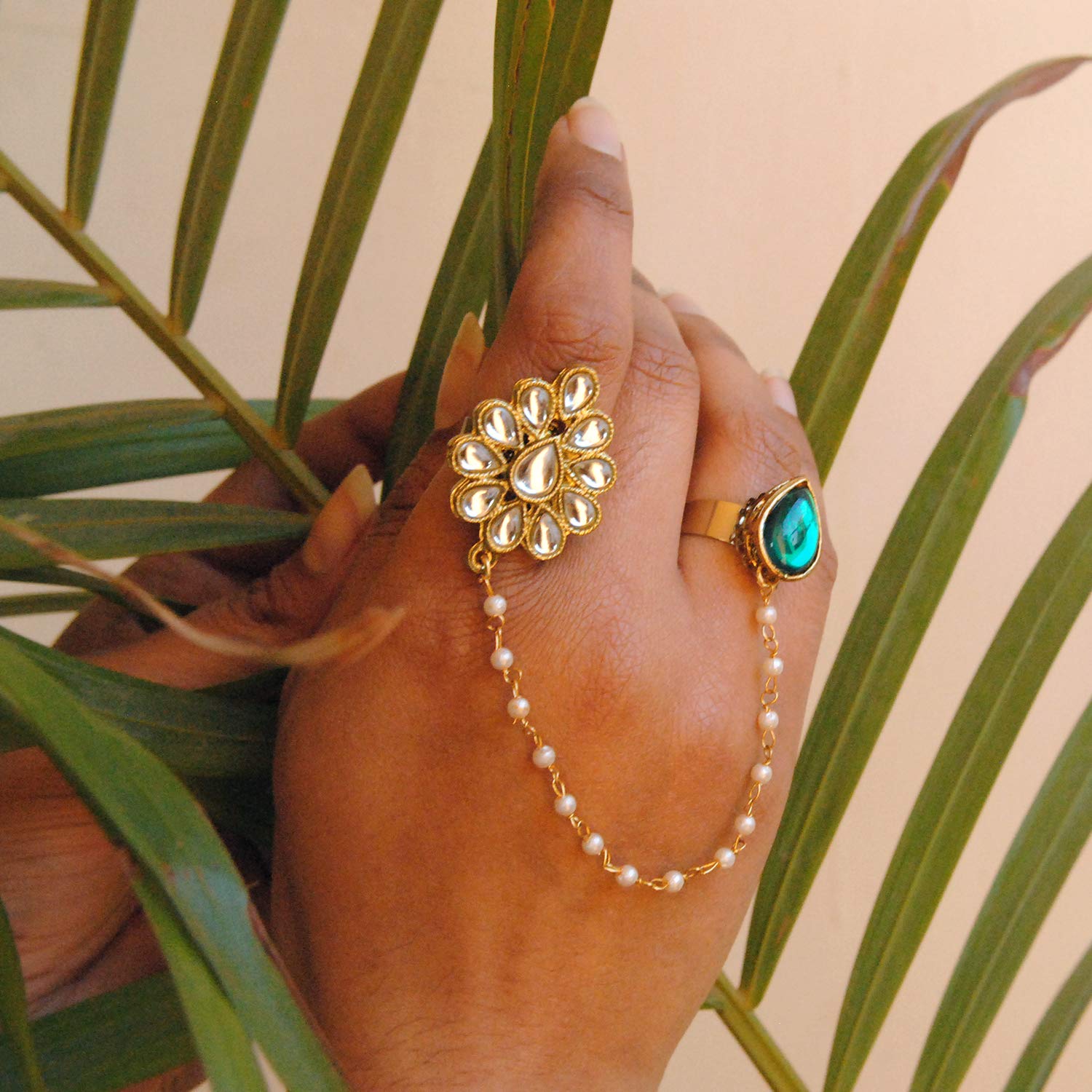 Green Pear Shape Kundan 2 Finger Ring Linked With Pearl Chain To Floral Shape Kundan, Adjustable Double Rings, Handmade Designer Bollywood Style Adjustable Two Finger Rin - Image 3