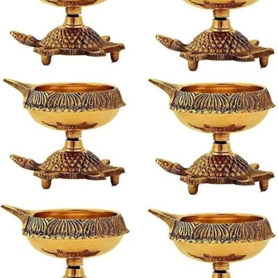 SATVIK 6Pc Big Size Heavy Brass Kuber Turtle Diya for Diwali Decoration Handmade Oil Lamp with Golden Engraved Pure Brass Metal Diwali Diya Vilakku for Puja Pooja Traditional Indian Deepawali Gift