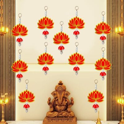 Lotus Red Jhumka Wall Decor Hanging Set of 11 - Diwali Showpiece Gift Home Temple Pooja Festival Wedding Marriage Stage Decoration