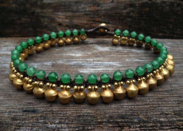 Infinityee888 Trendy Fashion Anklet Green Jade and Brass Bell Ankle Bracelet 10 Inches Woven with Wax Cord Beautiful Handmade Hippie Bohemian Style - Image 2