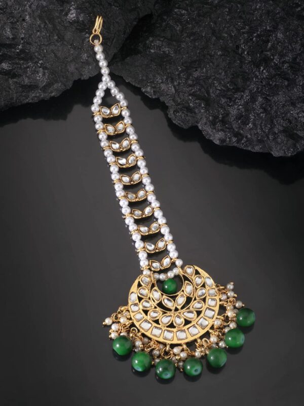 Aheli Faux Kundan Maang Tikka Matha Patti Indian Traditional Bollywood Jewelry for Women Girls (Green) - Image 3