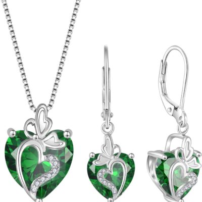 Butterfly Jewelry Set for Women 925 Sterling Silver Emerald Necklace and Earrings Set May Birthstone Jewellery Gifts for Her