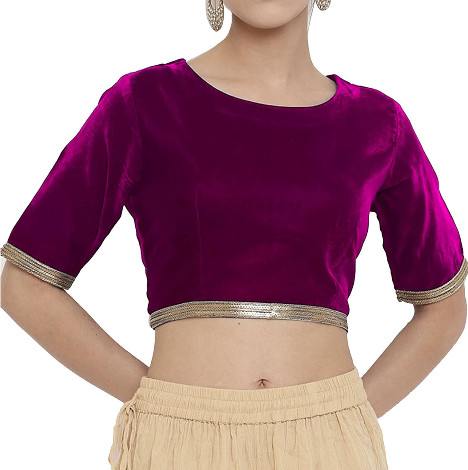 Women's Velvet Sari Blouse with lace Designer Readymade Stitched Choli Crop Top