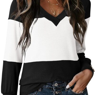 Dokotoo Womens Tops 2024 Spring Color Block Long Sleeve Shirts V Neck Dressy Casual Blouses