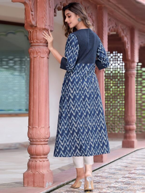 Yash Gallery Women's Cotton Kantha Chevron Calf Length 3/4 Sleeve Indian A-Line Kurta Dresses - Image 4