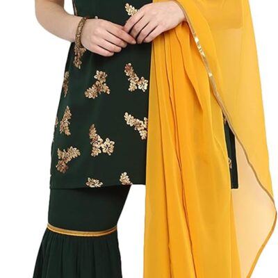 Janasya Indian Women's Dark Green Crepe Kurti with Sharara with Dupatta