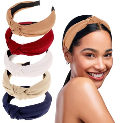 loucent 5-Pack Knotted Headbands for Women - Wide Non-Slip Top Knot Headbands for Stylish Hair Accessories- White & Sky Khaki color