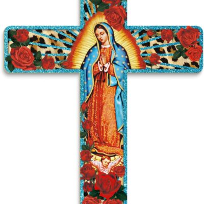 Putuo Decor Floral Cross Wall Decor Painted Decorative Wooden Inspirational Cross Spanish Style Wall Cross Decor Mexican Art Wall Decor Crucifix for Home Room Church Decoration