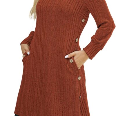 Long Sleeve Tunic Dress for Women Crew Neck Casual Dresses with Pockets Button Side Fall Winter Outfits S-2XL