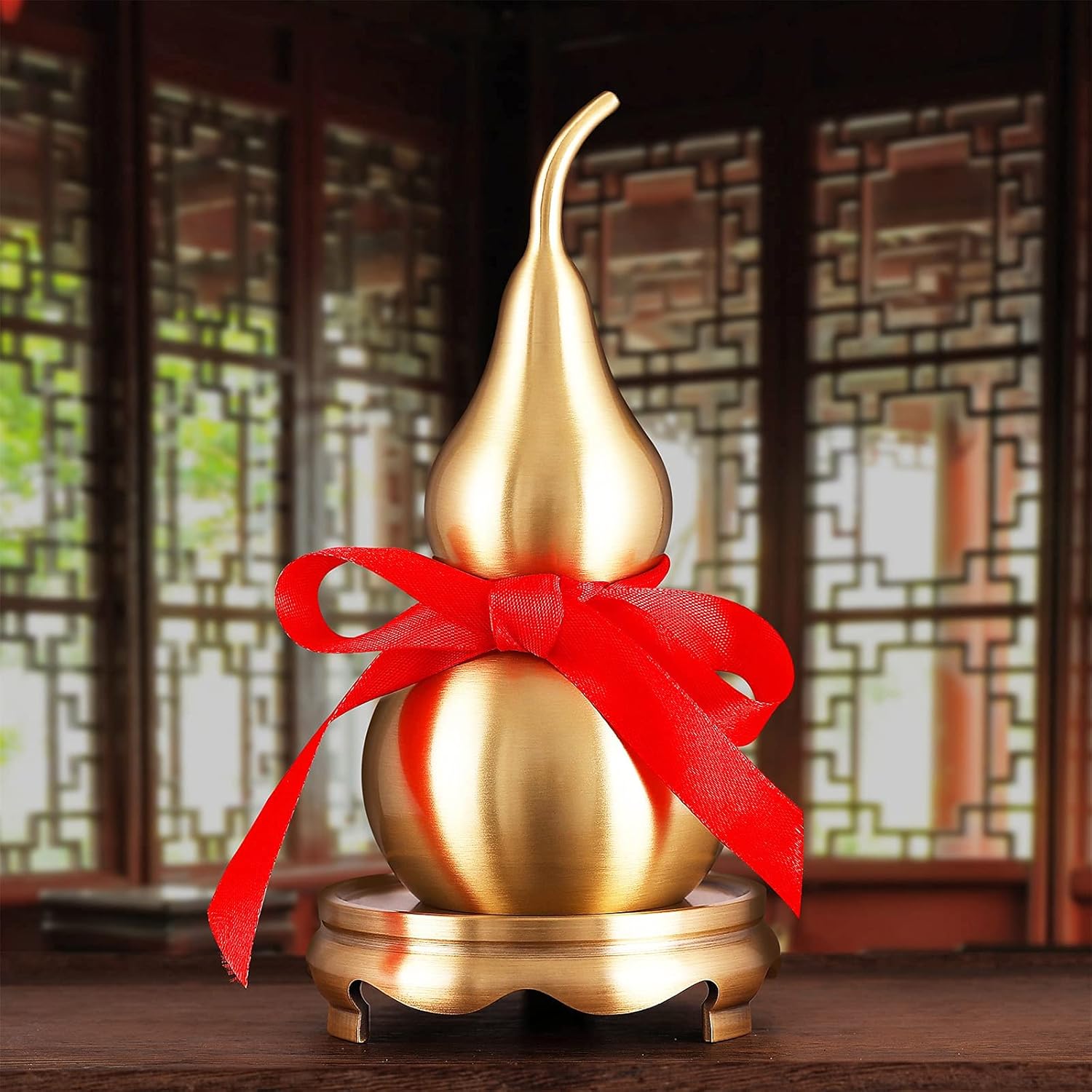 Feng Shui Wu Lou Brass Golden Gourd with Holder and Red Luck Strip for Home Decor Furnishing,Full Brass,Statue Charm Amulet,Bring You Good Luck,Healthy,Success - Image 7