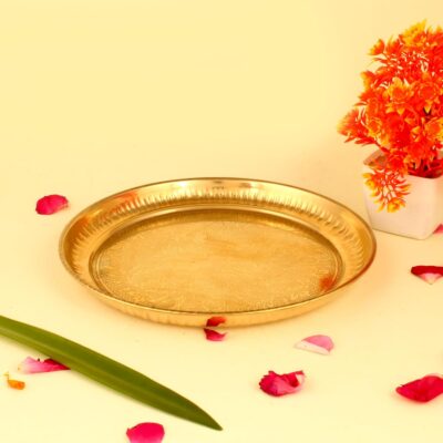 Gyarsilal's Pure Brass Pital Handmade Karwachauth Embossed Indian Flower Puja Plate - Welcome Bhog deep Plate - Pooja Thali - Decorative Plate-BEP-01-23.5 CM Dia - Gift Item