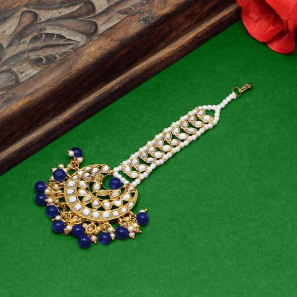 Aheli Faux Kundan Maang Tikka Matha Patti Indian Traditional Bollywood Jewelry Gift for Women Blue - Image 3