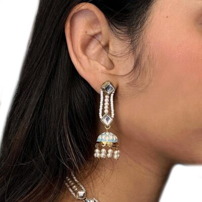 Kundan & Blue Jhumki Handmade Indian Earrings Designer Bollywood Style Heeramandi Style Traditional Jewelry For Women White Pearls Jhumka