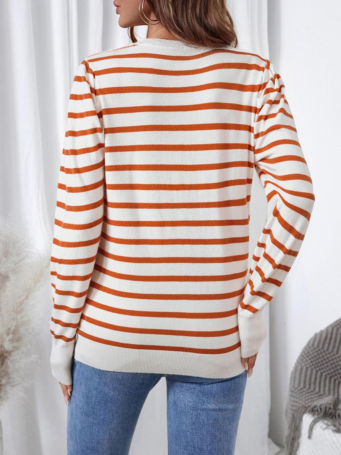 Women's Long Puff Sleeve Knit Tops 2024 Trendy Crew Neck Striped Blouses Casual Pullover Sweater - Image 5