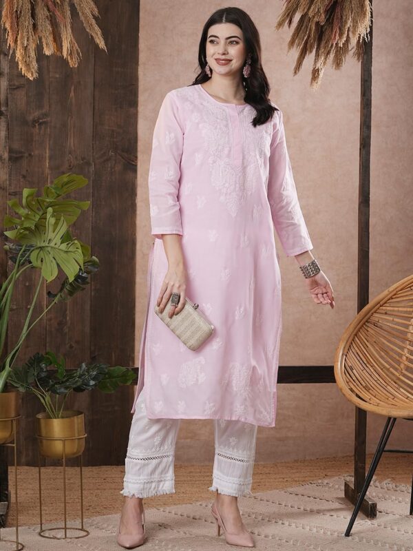 Ada Indian Hand Embroidered Chikankari Straight Cotton Blend Kurta Kurti Tunic Kameez for Women A208470 - Image 5