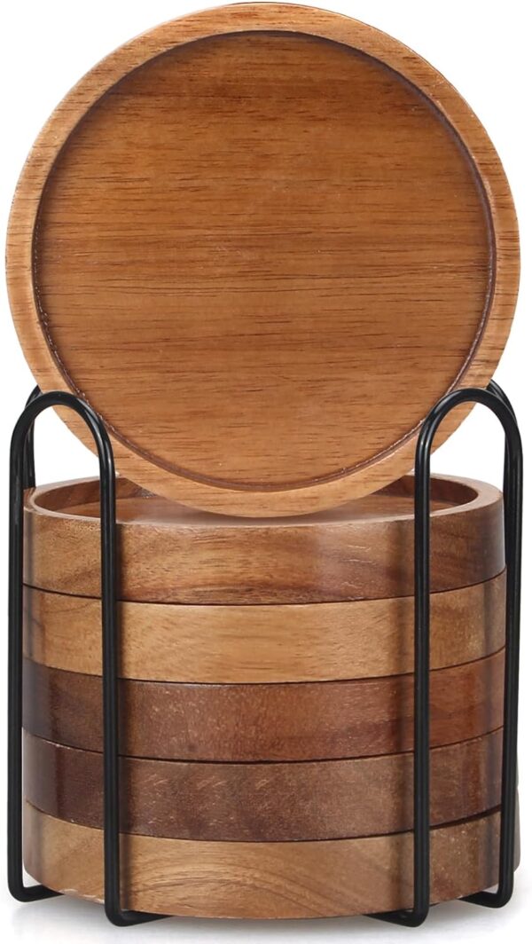6 Pcs Best Wooden Coasters with Holder Coffee Table Coasters for Drink Acacia Wood Coaster Set Modern Cup Coasters Home Dining Table Decor Cute Beer Bar Coasters Decorative Rustic Outdoor Coasters - Image 5