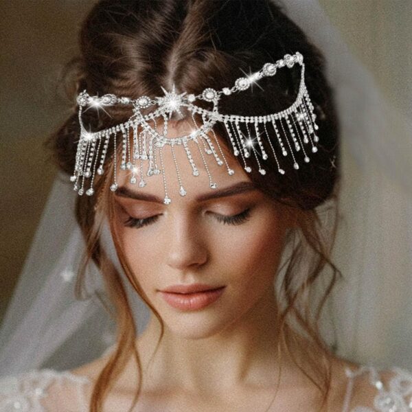 Unicra Silver Rhinestone Head Chain Tassel Sparkly Crystal Bridal Wedding Headband Bride Hair Accessories Jewelry for Women and Girls (Silver) - Image 2