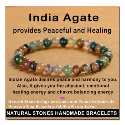 AD Beads Handmade Gemstone Stretch Elastic Bracelet Crystal Healing Reiki Nature's Beauty and Spiritual Essence Unisex (6mm, Indian Agate)
