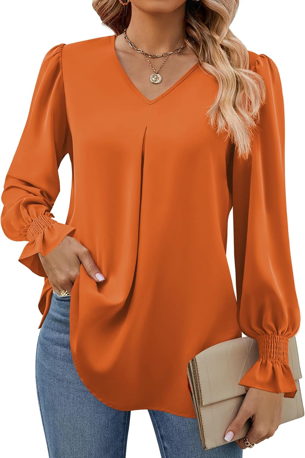 Funlingo Women's 2024 Long Sleeve Tops Dressy Casual V Neck Tunic Shirts Loose Chiffon Work Blouse