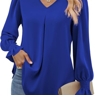 Funlingo Women's 2024 Long Sleeve Tops Dressy Casual V Neck Tunic Shirts Loose Chiffon Work Blouse