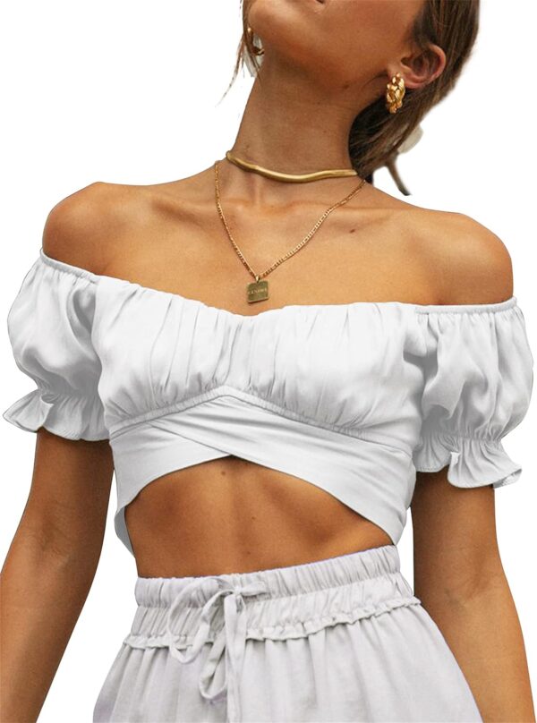 LYANER Women's Ruffle Short Sleeve Tie Up Back Crop Top Off Shoulder Bardot Blouse - Image 4