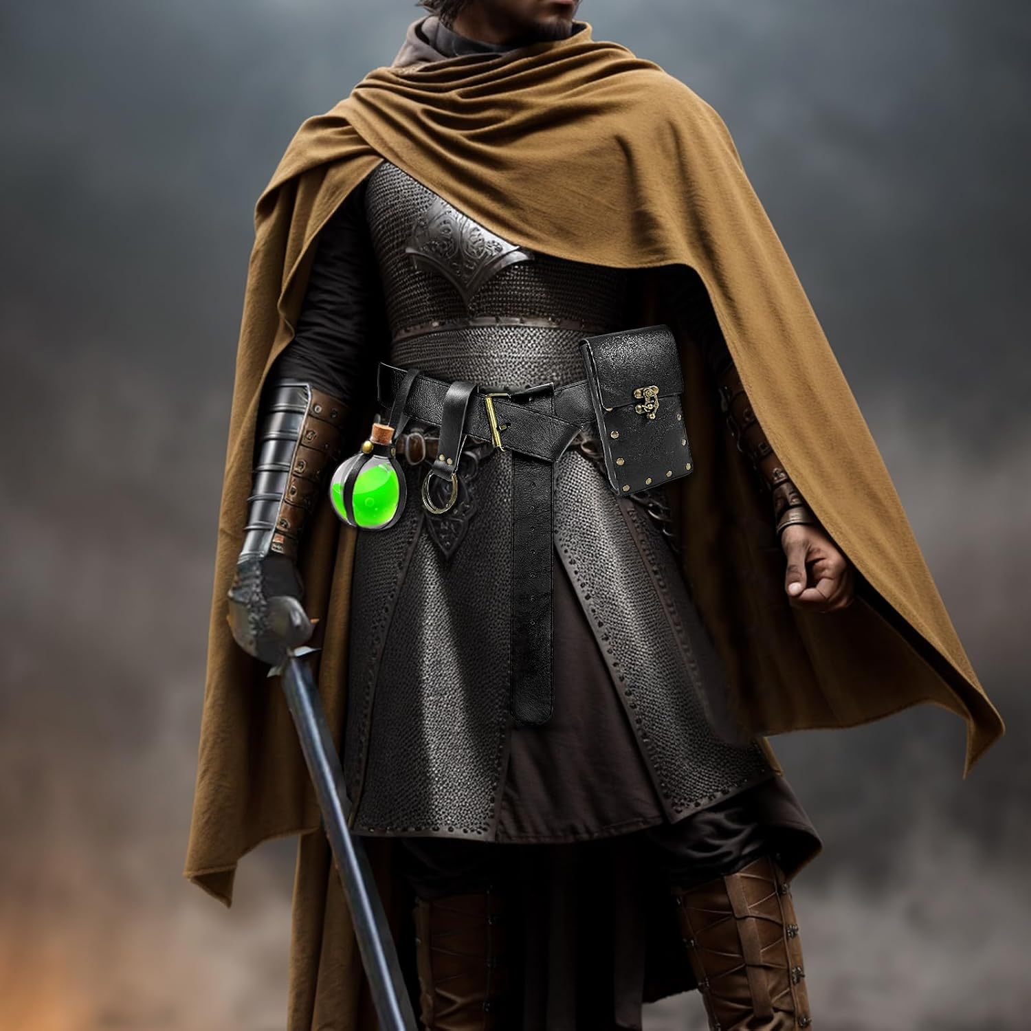 Renaissance Belt Pouch Waist Bag Steampunk Pouch Medieval Leather Belt Pouch Skirt Hikes Set, Retro Renaissance Accessories for LARP Cosplay Costume Christmas Gifts (1Bottle-Black) - Image 7