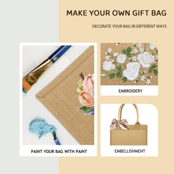 WHEATHUSK 24 Pack Burlap Tote Gift Bags Jute Bags with Handles Bridesmaid Tote Bag Reusable Canvas Burlap Beach Bags Bulk for Wedding Travel DIY Craft Handbags, 11 x 9.6 x 4.7 Inch - Image 4