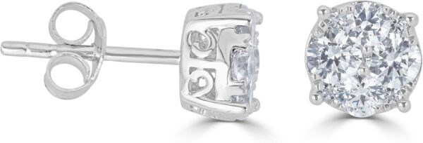 Women Round Diamond Stud Earrings Set In 925 Sterling Silver | Natural or Lab Grown | 14K Gold Bezel | White Yellow or Rose | Independent Lab Certified | Hypoallergenic - Image 2