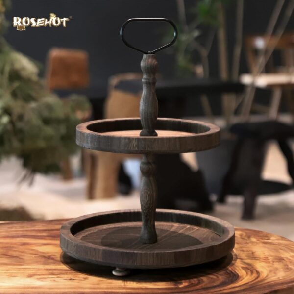 2 Tiered Tray, Rustic Round Farmhouse Style Decorative Tray, Dessert Stand Kitchen Island Decor, Wooden Serving Tray for Coffee Food Fruits Cupcakes, Home Decor Holiday Display, Dark Wood - Image 2